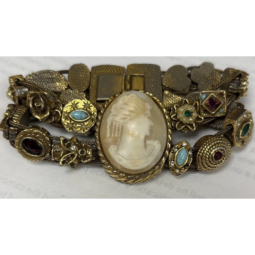 Vintage Goldette Cameo & Jewels & Stones Bracelet Double Slider Chain Gold Tone